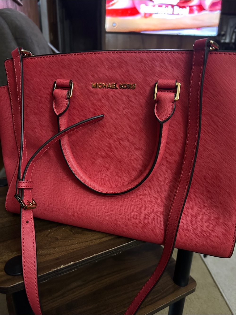 Michael Kors Coral Saffiano Dome Satchel with Gold Accents